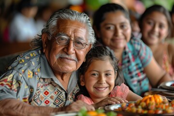 Fototapeta premium Elderly Man in Traditional Attire Enjoying a Meal with Family in a Rustic Kitchen