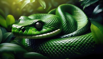 A detailed close-up of a green snake with shiny scales in a jungle setting.
