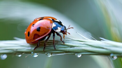 Obraz premium 4K Ultra HD Macro of Red Ladybug with Dew on Blade of Grass