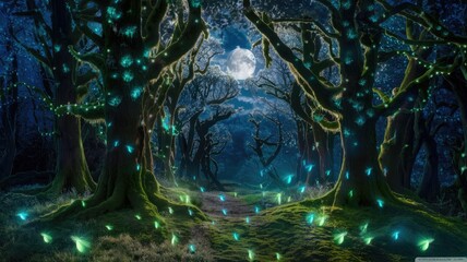 Enchanted Night Forest with Glowing Moss and Magical Fireflies Under Moonlight in 4K