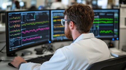 A focused scientist analyzes data on multiple monitors that display colorful graphs and metrics in a modern research environment.