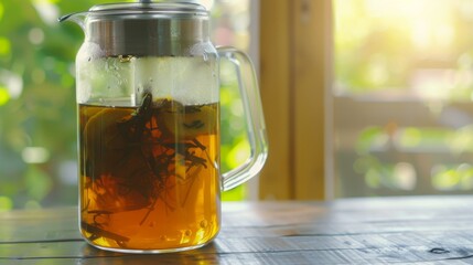 Glass pitcher of tea with a metal lid on top