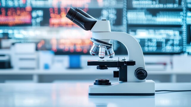 A modern microscope is positioned on a laboratory table, with digital screens displaying data in the blurred background, suggesting a high-tech research environment.