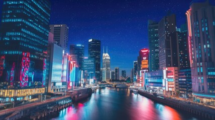 Ultra-HD Night Cityscape with Neon Glow and Reflective River