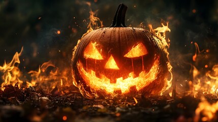 Naklejka premium A pumpkin with a scary face is lit on fire. The pumpkin is surrounded by fire and smoke, creating a spooky and eerie atmosphere