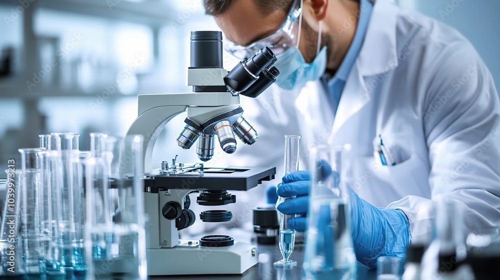 Aufkleber scientist working in laboratory with microscope and test tubes
