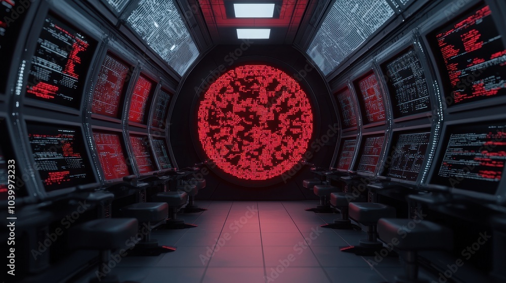 Poster a futuristic control room featuring a large red circular display and multiple interfaces, set agains