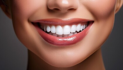 Obraz premium Close-up of a woman's smile showing white teeth and glossy lips
