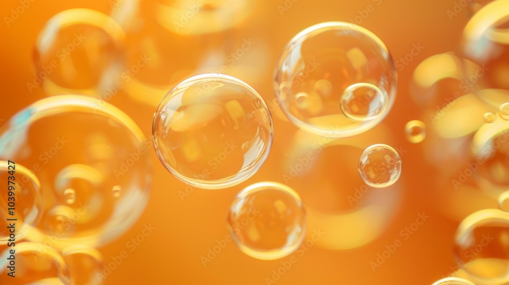 Poster golden bubbles abstract. abstract image of shimmering bubbles floating on a warm orange background. 