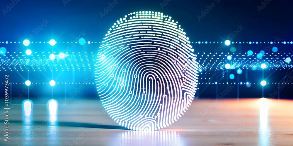 Poster digital fingerprint ai security in business - enhanced protection symbolism on soft blurred backgrou