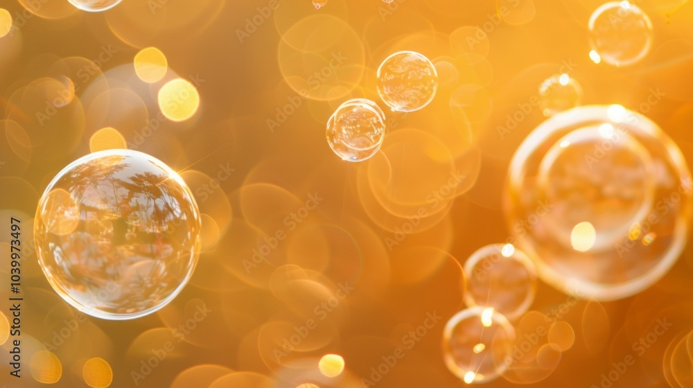 Poster golden bubbles background. abstract background with glowing transparent bubbles and bokeh lights, sy