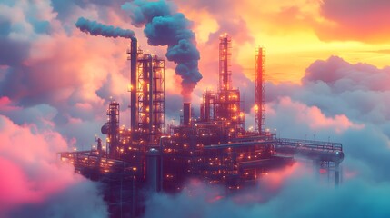 Obraz premium A large industrial plant with smoke billowing from it. The sky is filled with clouds and the sun is setting