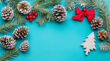 A festive arrangement featuring pine cones, berries, a bow, and a wooden tree on a teal background.