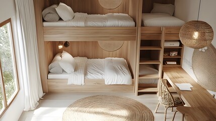 Modern wooden bunk bed in a Scandinavian-style children's bedroom with natural light, neutral palette, cozy atmosphere, light wood furniture, and minimalist decor elements.