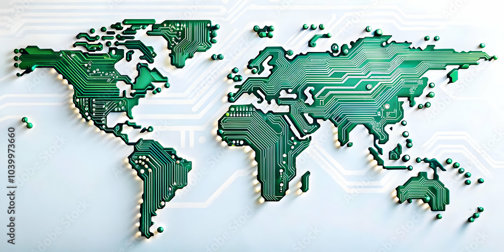 Poster circuit board world map concept image design global technology network plain background ample copy s