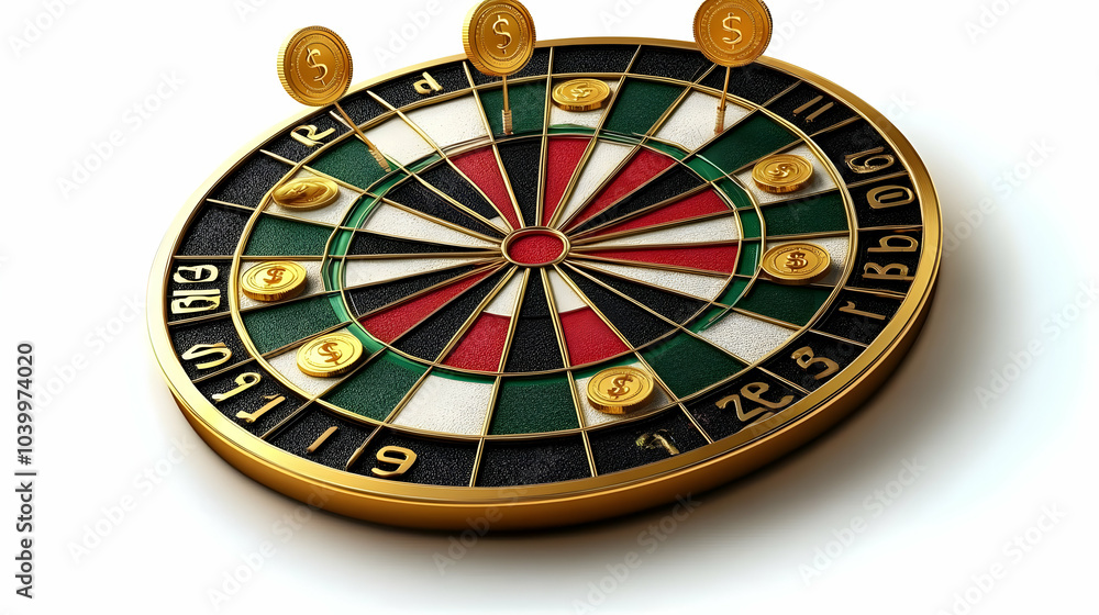 Poster 3d dartboard vector illustration with golden coins as dart points realistic texture metallic coins i