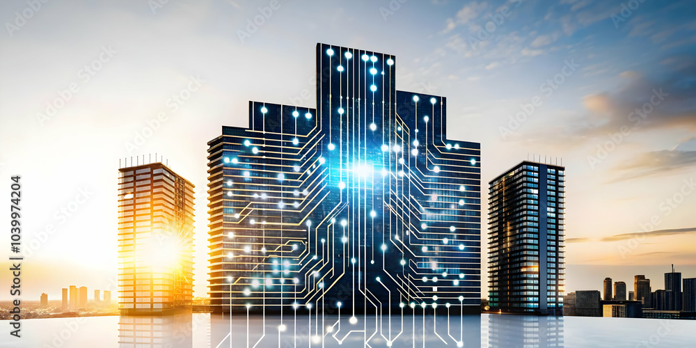 Poster glossy building silhouette circuit pattern plain background technology integration smart cities mark