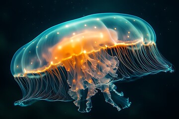A luminous jellyfish gracefully glides through the dark ocean depths.