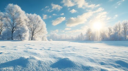 Obraz premium Panoramic pristine snow-covered landscape with a vast white field, crisp blue sky, wispy clouds, bright sunlight, and frost-covered trees, creating a serene winter wonderland.