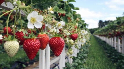 Ripe Strawberries on Vertical Farm with Flowers in Focus