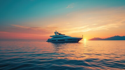 Obraz premium Luxury yacht sailing at sunset, silhouetted against a colorful sky, creating a serene and picturesque oceanic scene. Perfect for travel ads.