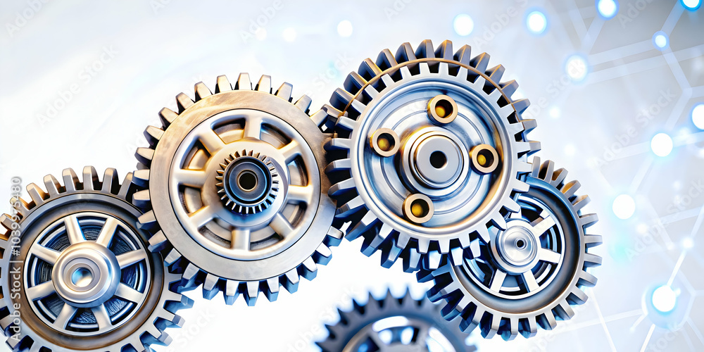 Poster close up gears interlocking digital patterns macro photograph mechanical gears ai business operation