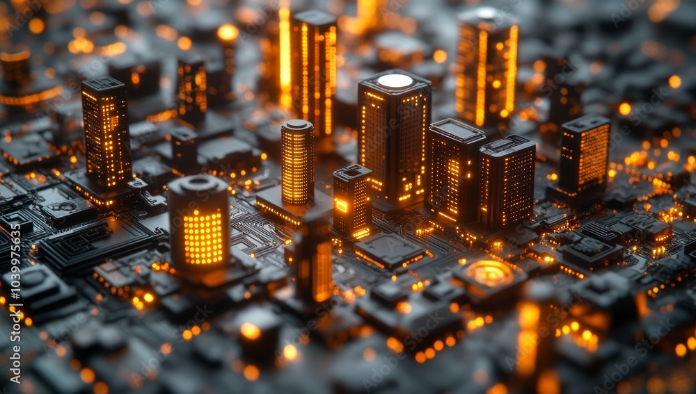 Poster data network color grids over a miniature cityscape coloured with stock technology