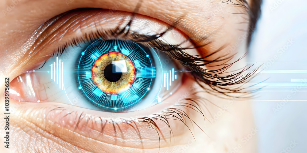 Poster close up eye smart contact lens data concept macro image eye smart lens projecting data graphs ai en