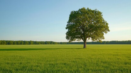 Fototapeta premium Lonely oak tree standing in vibrant green field under bright blue sky.