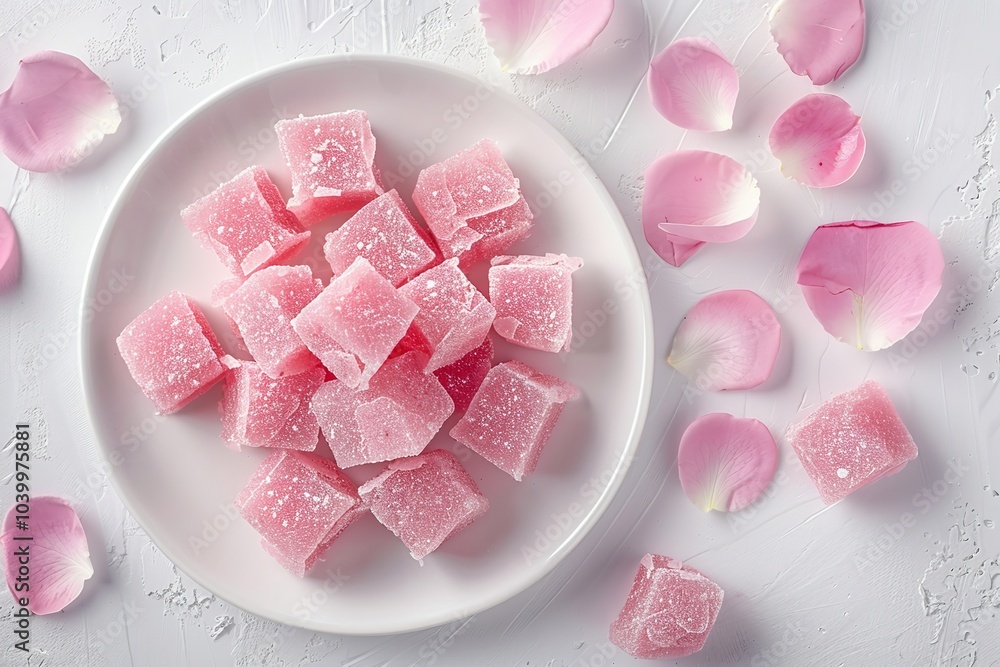Poster an overhead and up-close view of a rose turkish delight served on a white plate with plenty of space