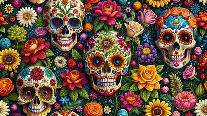Floral Sugar Skulls Pattern for Day of the Dead Celebration - Vibrant and Colorful Illustration