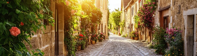 Charming cobblestone street in a historic European village, lined with vibrant flowers and rustic architecture under a warm golden sunset.