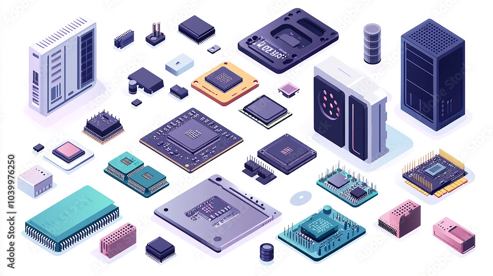 Aufkleber set abstract ai chip hologram on circuit board tech. artificial intelligence isometric 3d logo with 