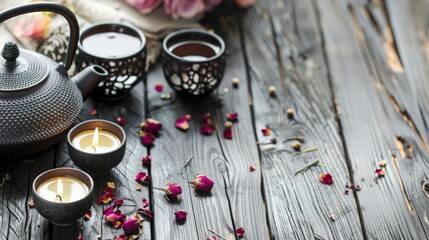 Naklejka premium Black tea kettle sits on a wooden table with three tea cups and a candle