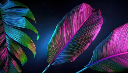 tropical leaves, foliage plant in neon colors with space background