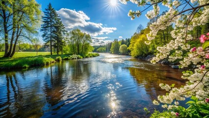 Obraz premium Flowing River in Spring Finland - Nature's Serenity and Beauty