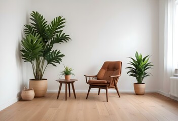 A cozy living room with a wooden armchair, potted plants, and decorative vases on a wooden floor against a white wall.