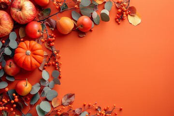 Fototapeta premium A&nbsp;gorgeous top view with writing space and an autumnal scene with flowers and pumpkins on a studio-style&nbsp;clean orange backdrop, Generative AI.