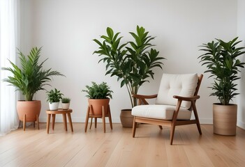 A cozy living room with a wooden armchair, potted plants, and decorative vases on a wooden floor against a white wall.
