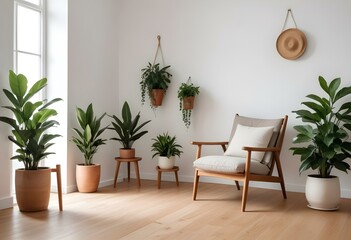 A cozy living room with a wooden armchair, potted plants, and decorative vases on a wooden floor against a white wall.