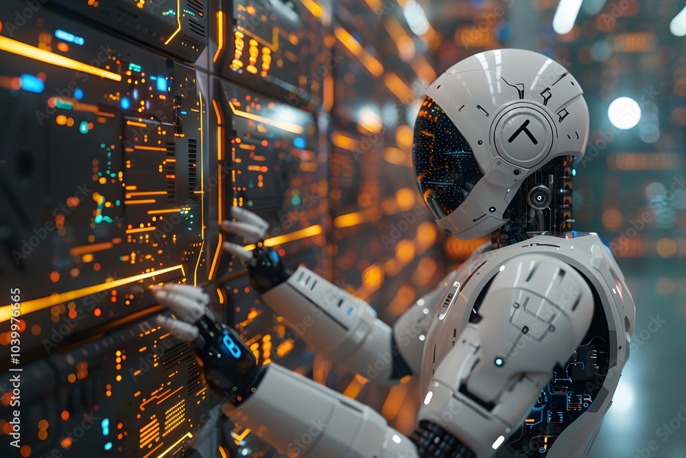 Poster futuristic robot interacting with high-tech data wall