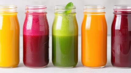 A vibrant display of colorful juices in jars, showcasing various flavors and ingredients, perfect for refreshing drinks and healthy options.