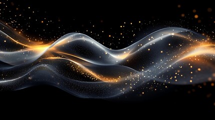 Obraz premium A dynamic composition of glowing, swirling light trails intertwined with particles of golden light, forming an abstract yet cohesive pattern on a black canvas