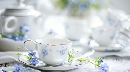 White tea set with a blue flower design on the cup
