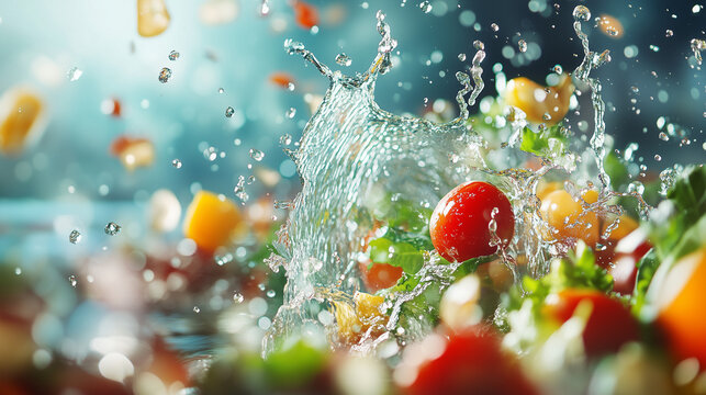 Fresh clean colorful vegetables salad in splash clean water in blue background. 