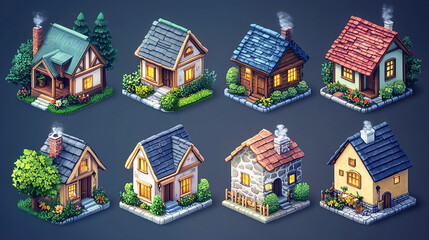 Private houses for game cartoon asset isometric icons set. Illustrations of luxury cottages, family home, building facades with windows and residential property. Cartoon 3D vector collection.