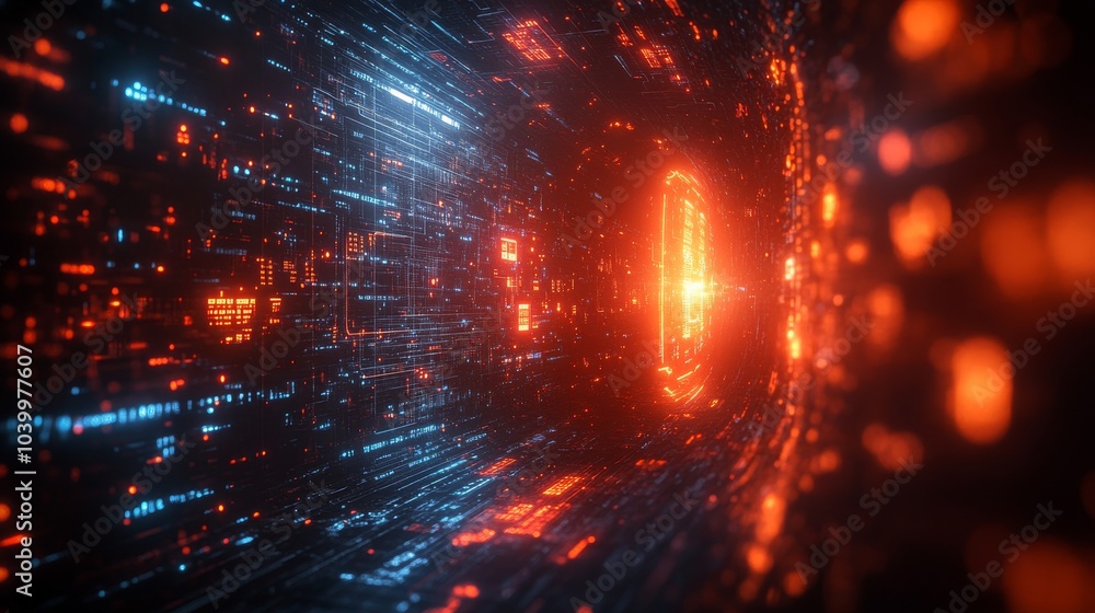 Poster simulation of blue data matrix technology with futuristic hud screen on abstract background