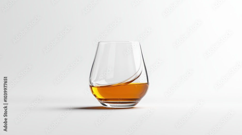 Poster an elegant whiskey glass with a neat pour, isolated on a pristine white background, creating a minim