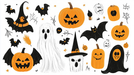 Cute kids Halloween set. Children in funny and scary witch, vampire and monster costumes. Cute characters and magical items for Halloween party. Flat vector illustration.