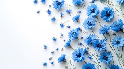 High-resolution macro of vibrant blue cornflowers scattered on a pure white background, with soft natural lighting and delicate petal details in a minimalist botanical arrangement.